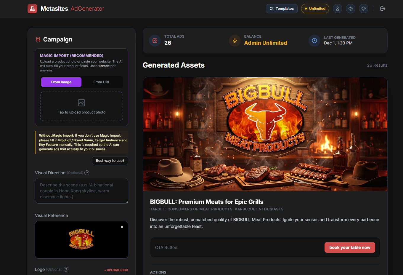 MetaSites Ad Generator main screen